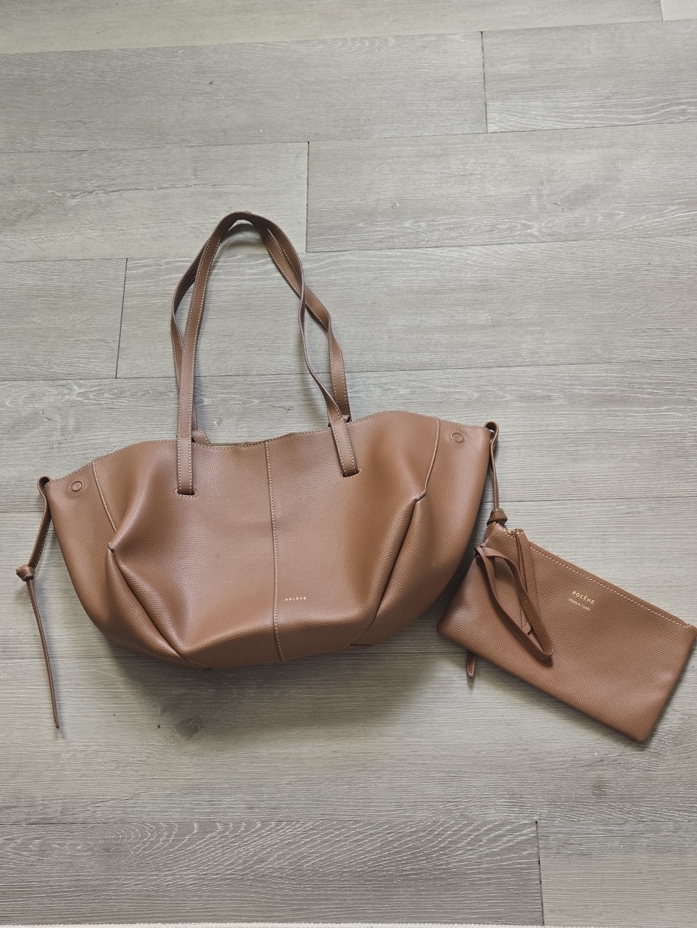 Polène Cyme Mini Textured Leather Tote, Camel,  Original Pouch